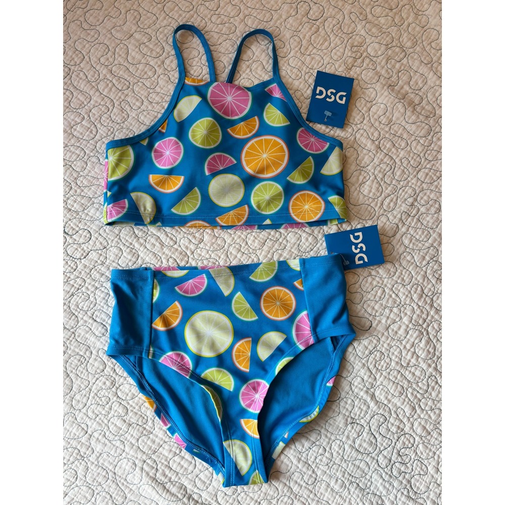 DSG Girls Blue Citrus Fruit Strappy Halter High Waisted Swimsuit‎ Set Size Large